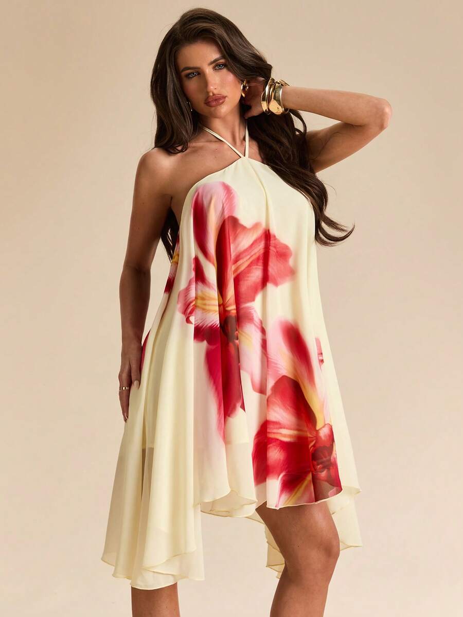 Bachina – Robe mini évasée en mousseline à col ras-du-cou et nœud