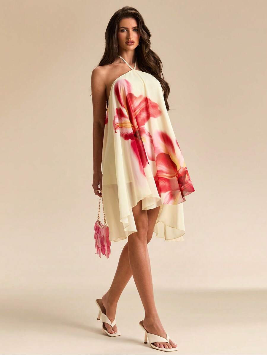Bachina – Robe mini évasée en mousseline à col ras-du-cou et nœud