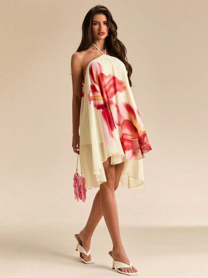 Bachina – Robe mini évasée en mousseline à col ras-du-cou et nœud
