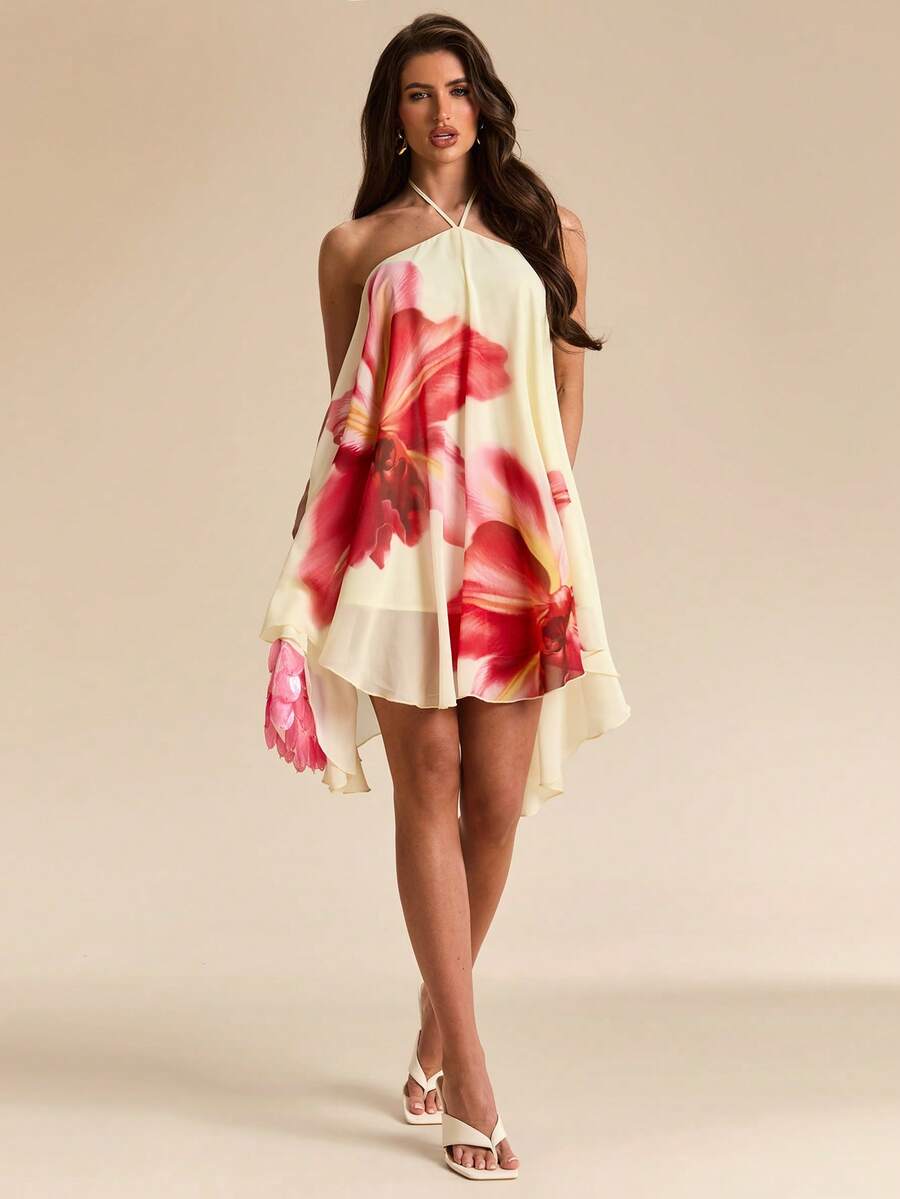 Bachina – Robe mini évasée en mousseline à col ras-du-cou et nœud