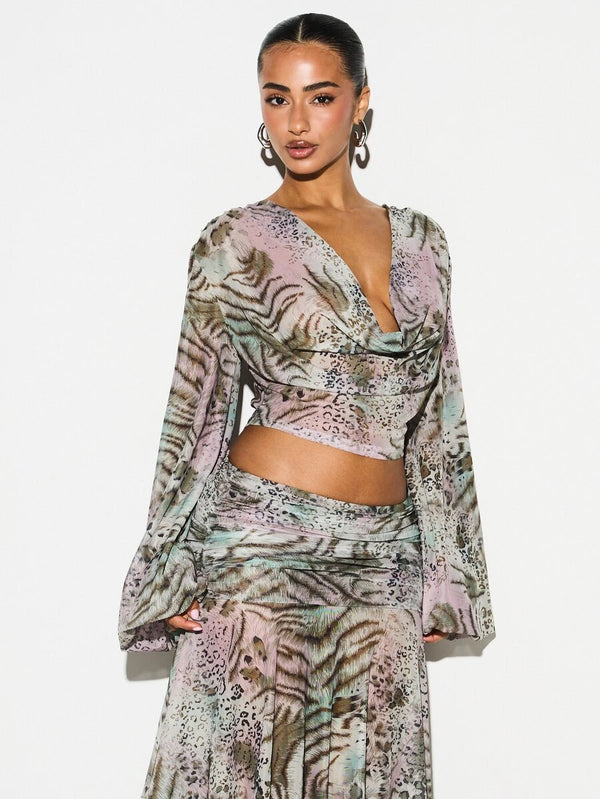 KIZN – Ensemble blouse et jupe fluide à imprimé animal et taille froncée