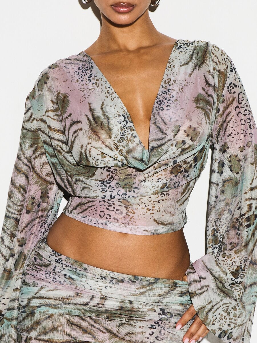 KIZN – Ensemble blouse et jupe fluide à imprimé animal et taille froncée