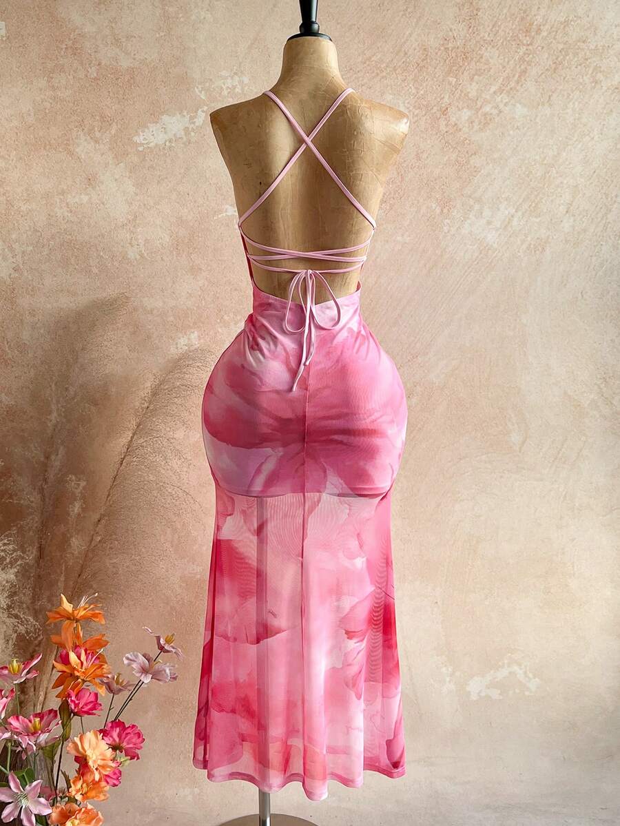 Soleia – Robe dos nu à imprimé floral et bordure en dentelle mesh