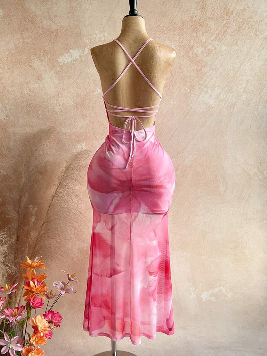 Soleia – Robe dos nu à imprimé floral et bordure en dentelle mesh