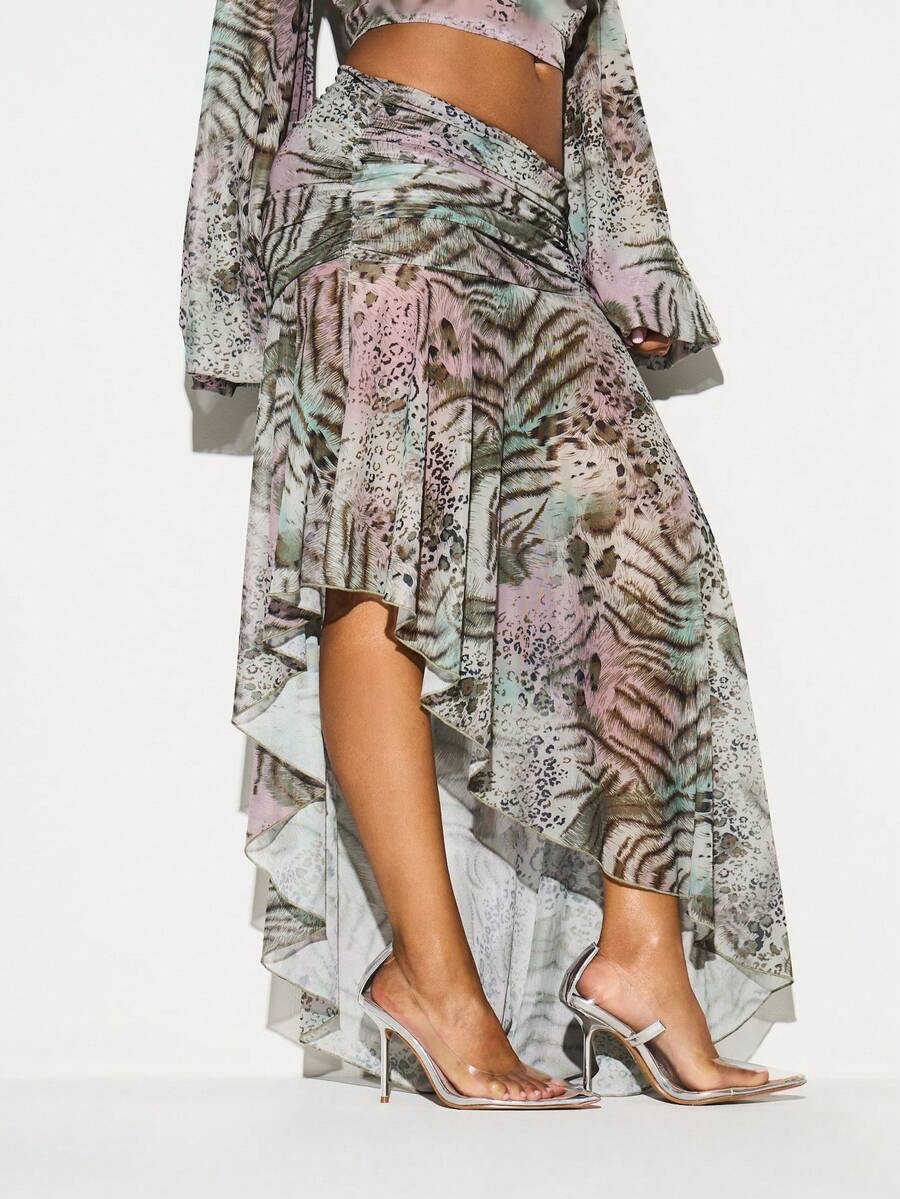 KIZN – Ensemble blouse et jupe fluide à imprimé animal et taille froncée
