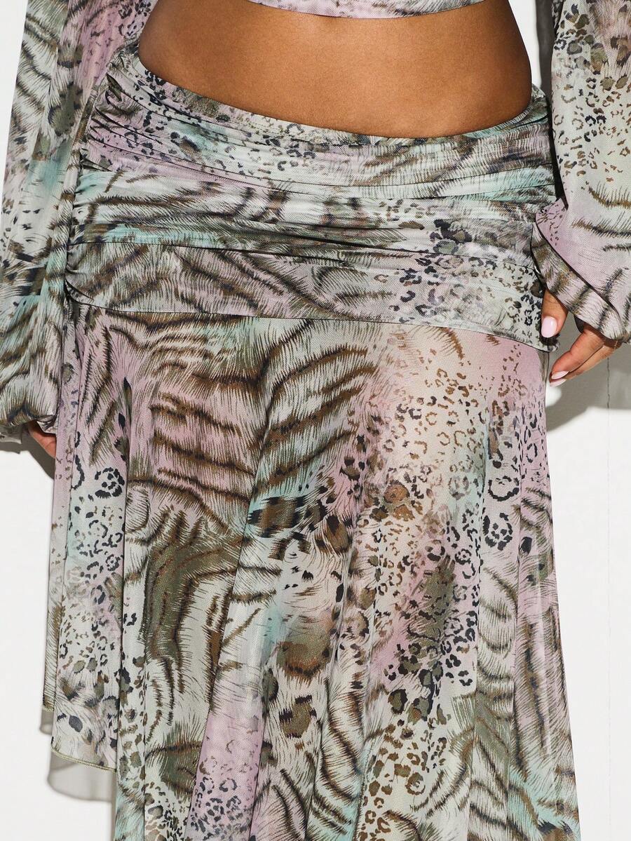 KIZN – Ensemble blouse et jupe fluide à imprimé animal et taille froncée