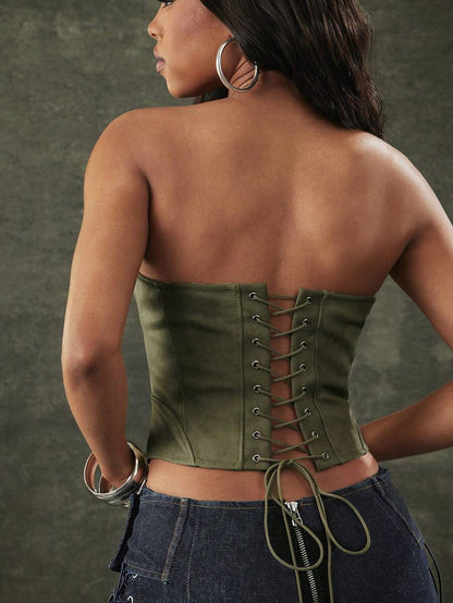 Denimoi – Top corset à col rond avec lacets et coupe ajustée