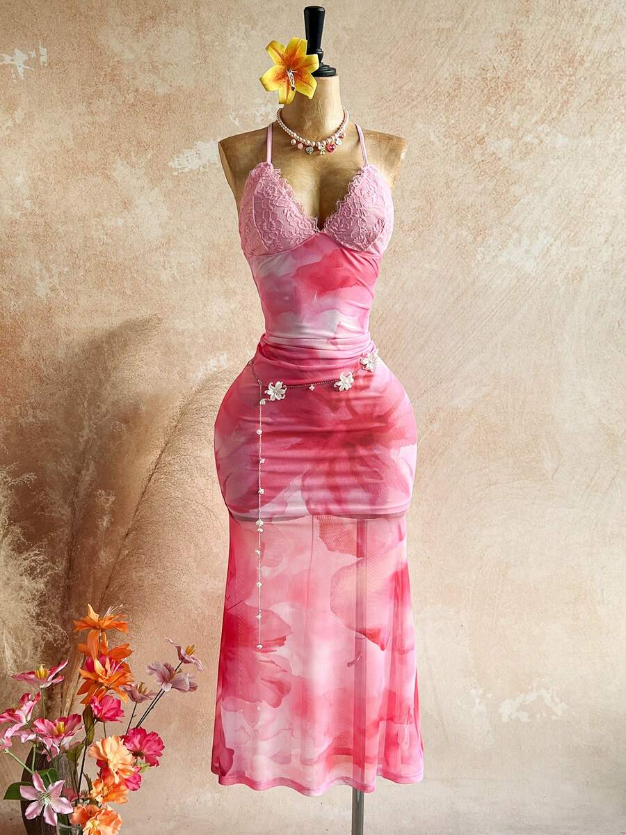 Soleia – Robe dos nu à imprimé floral et bordure en dentelle mesh