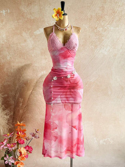 Soleia – Robe dos nu à imprimé floral et bordure en dentelle mesh