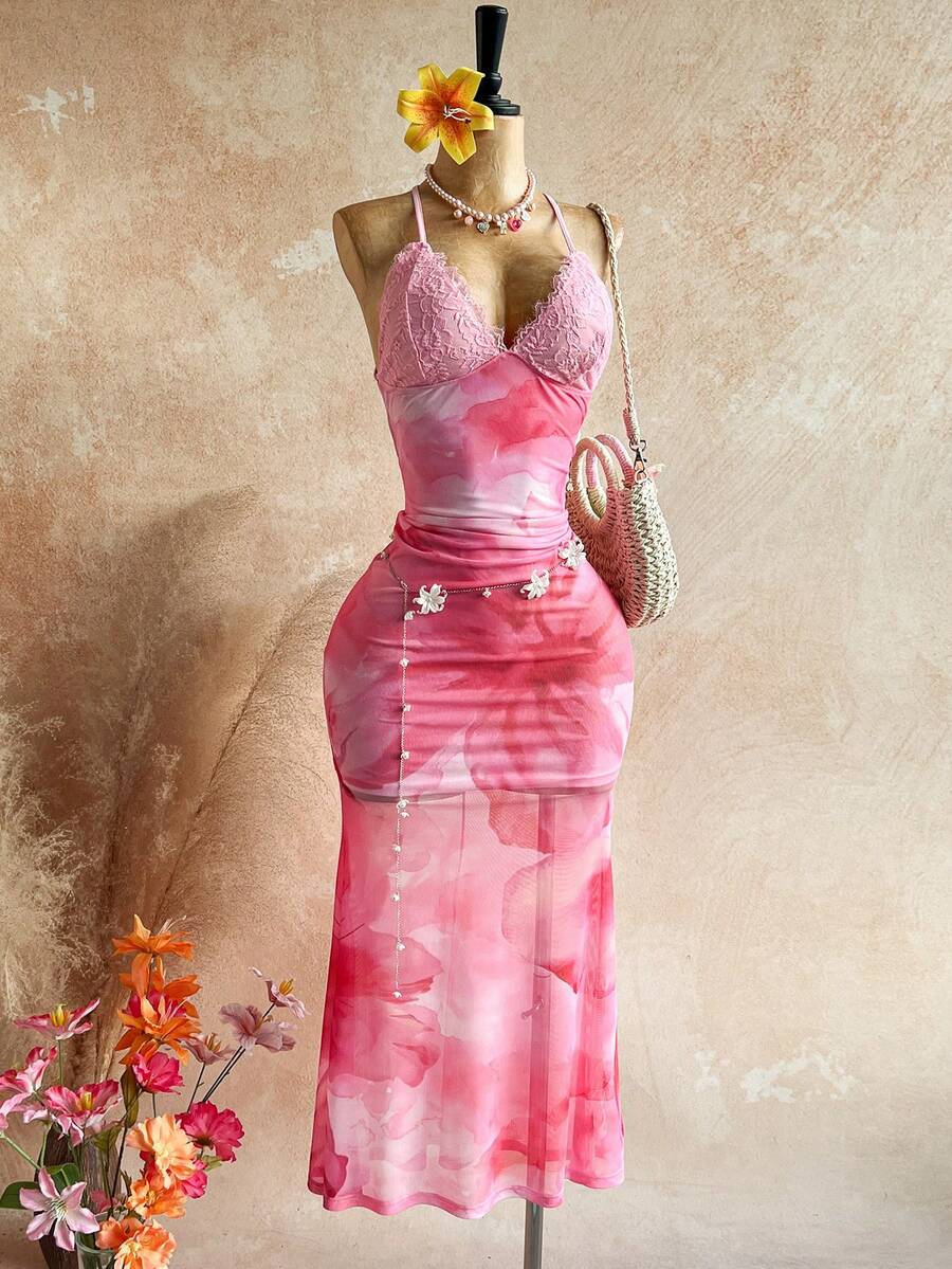 Soleia – Robe dos nu à imprimé floral et bordure en dentelle mesh