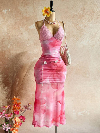 Soleia – Robe dos nu à imprimé floral et bordure en dentelle mesh