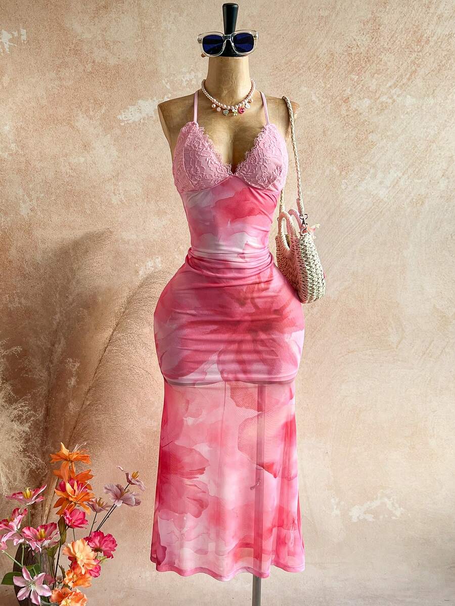 Soleia – Robe dos nu à imprimé floral et bordure en dentelle mesh