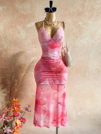 Soleia – Robe dos nu à imprimé floral et bordure en dentelle mesh