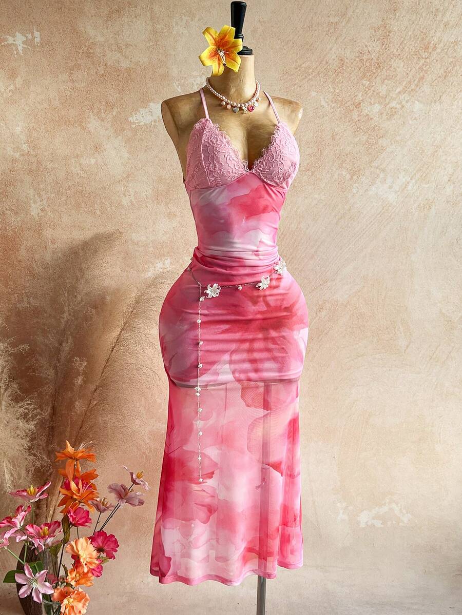 Soleia – Robe dos nu à imprimé floral et bordure en dentelle mesh
