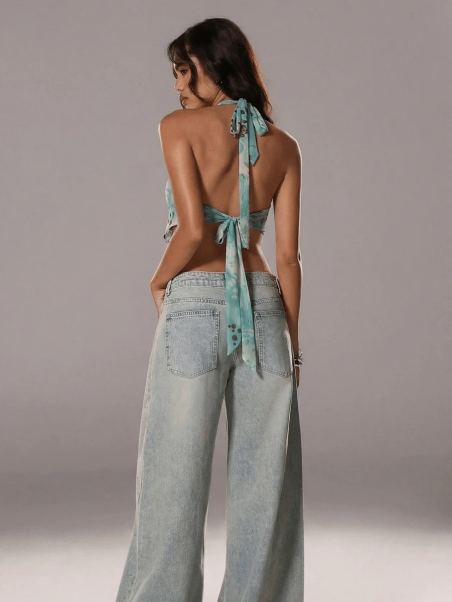 SHEIN – Top dos nu à col licou avec boucle métallique et franges