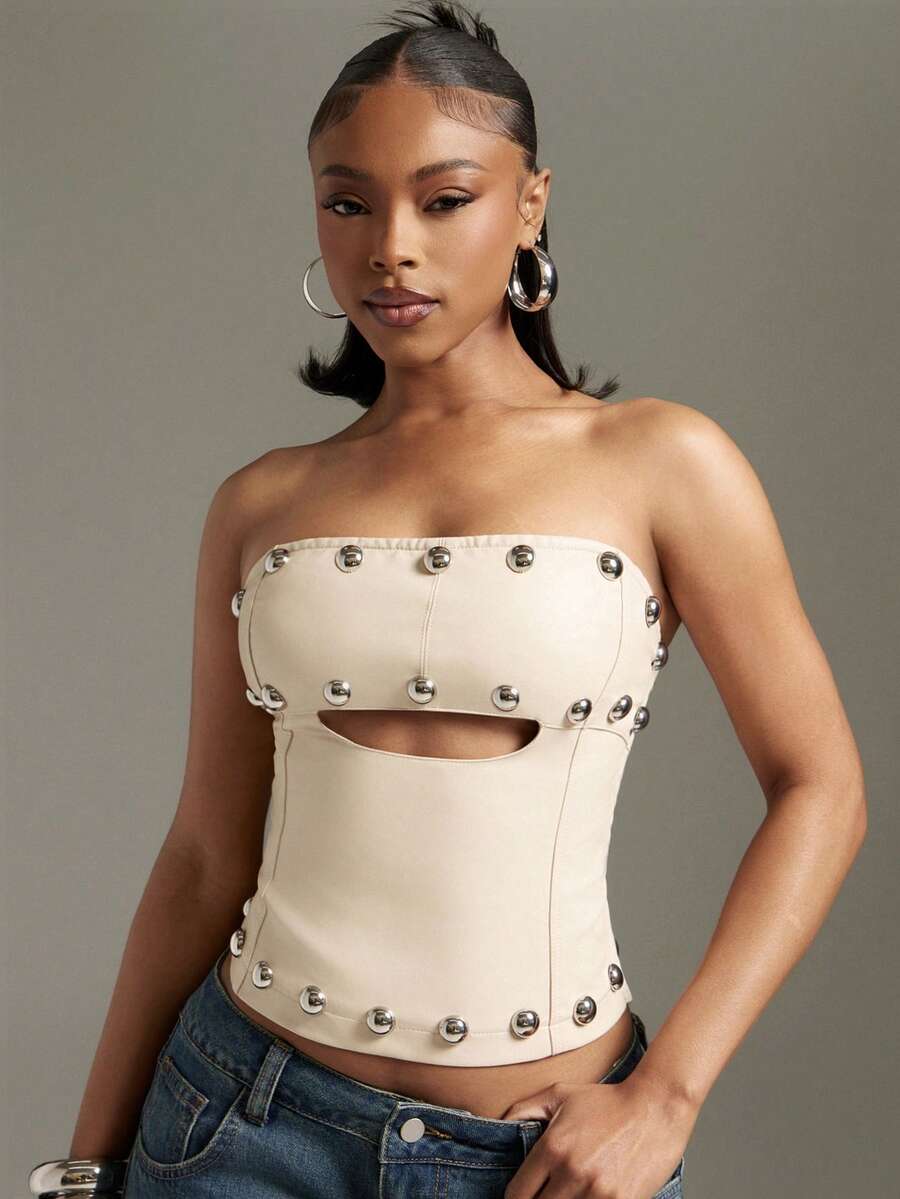 Denimoi – Top corset clouté sans bretelles, coupe ajustée
