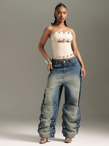 Denimoi – Top corset clouté sans bretelles, coupe ajustée