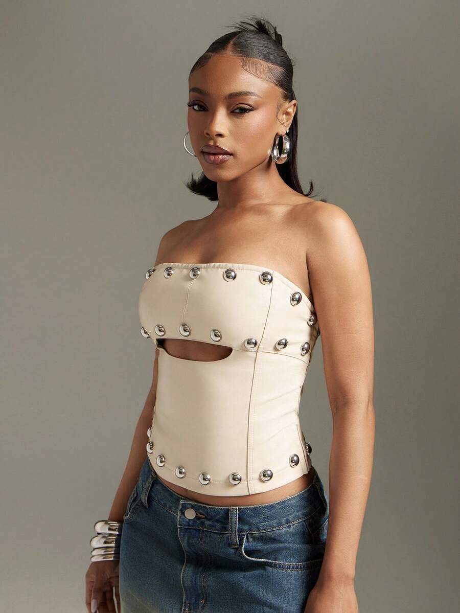 Denimoi – Top corset clouté sans bretelles, coupe ajustée