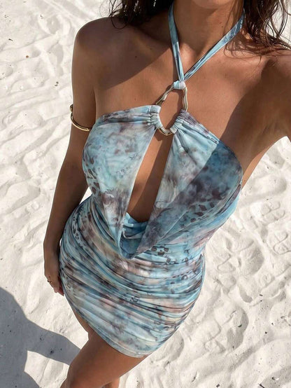 Optris – Robe mini dos nu à col ras-du-cou avec imprimé tie-dye pour l'été et les vacances