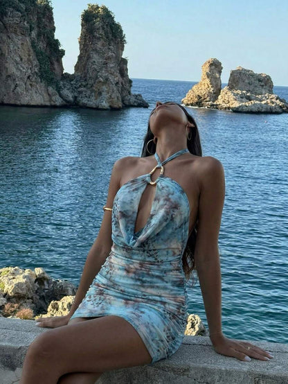 Optris – Robe mini dos nu à col ras-du-cou avec imprimé tie-dye pour l'été et les vacances