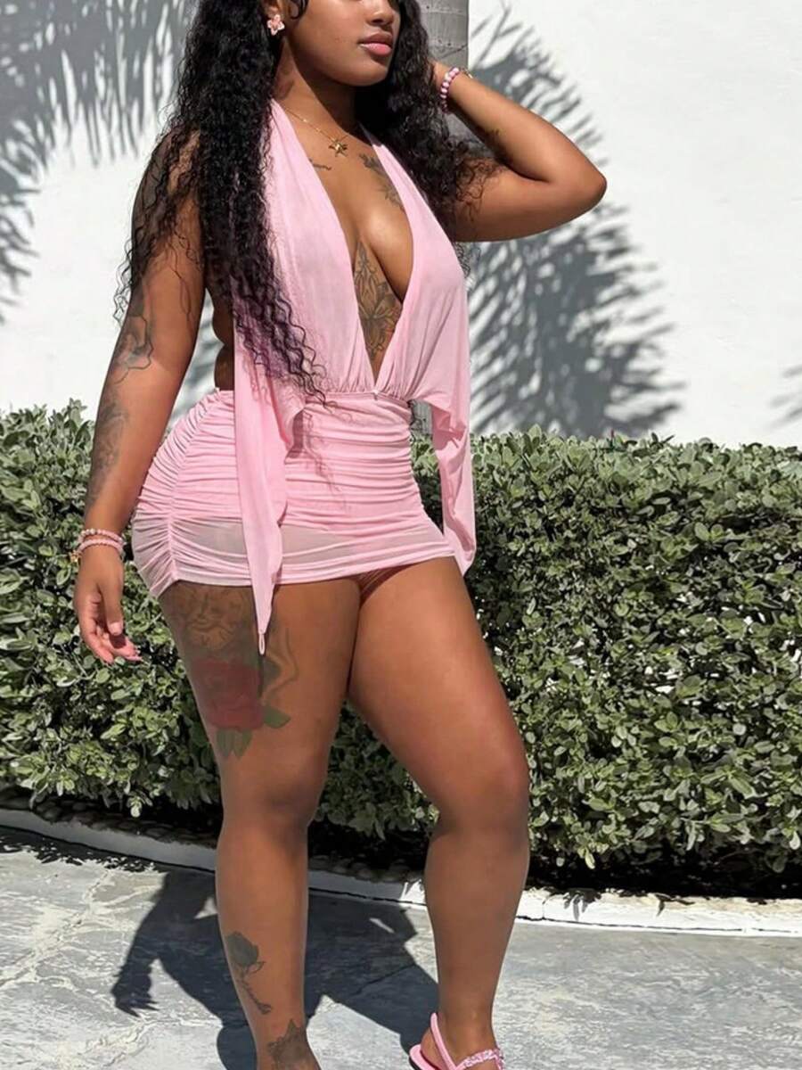 Rompers – Bodycon dos nu à col halter et décolleté plongeant