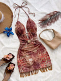 Soleia – Robe mini dos nu à franges et perles métalliques