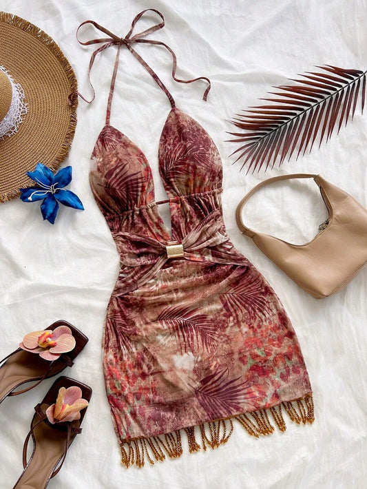 Soleia – Robe mini dos nu à franges et perles métalliques