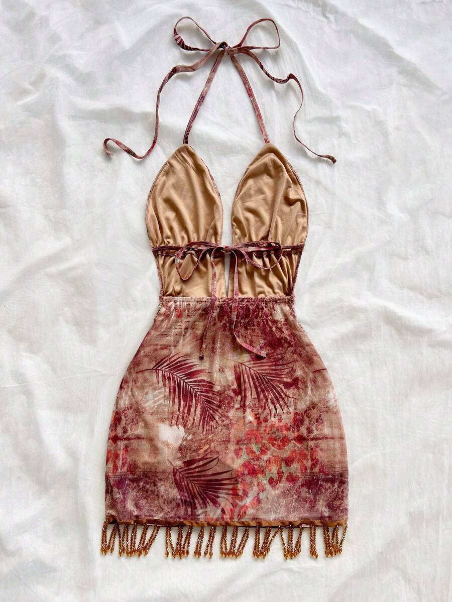 Soleia – Robe mini dos nu à franges et perles métalliques