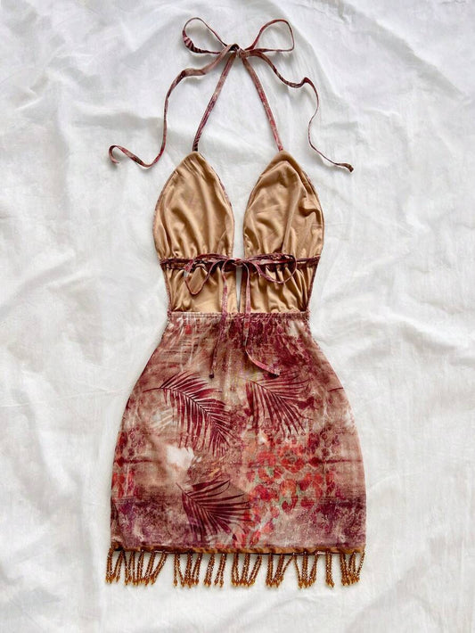 Soleia – Robe mini dos nu à franges et perles métalliques