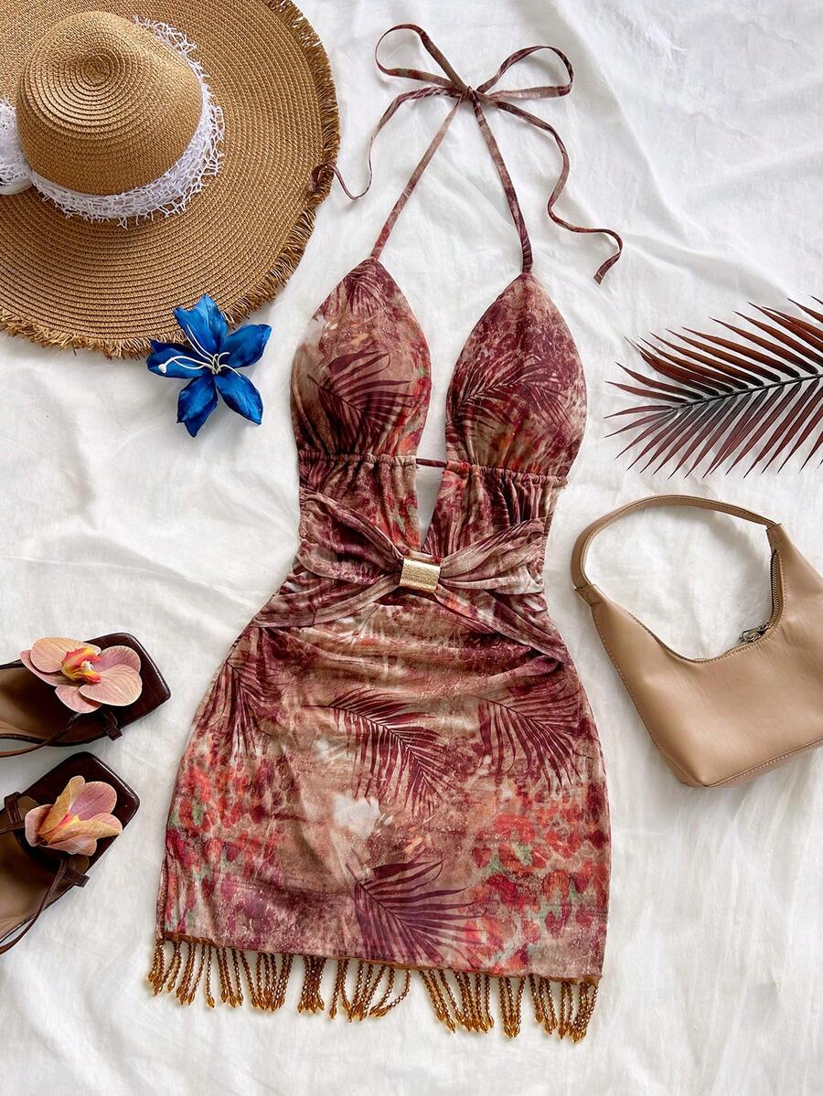 Soleia – Robe mini dos nu à franges et perles métalliques