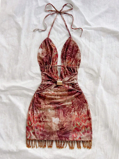 Soleia – Robe mini dos nu à franges et perles métalliques