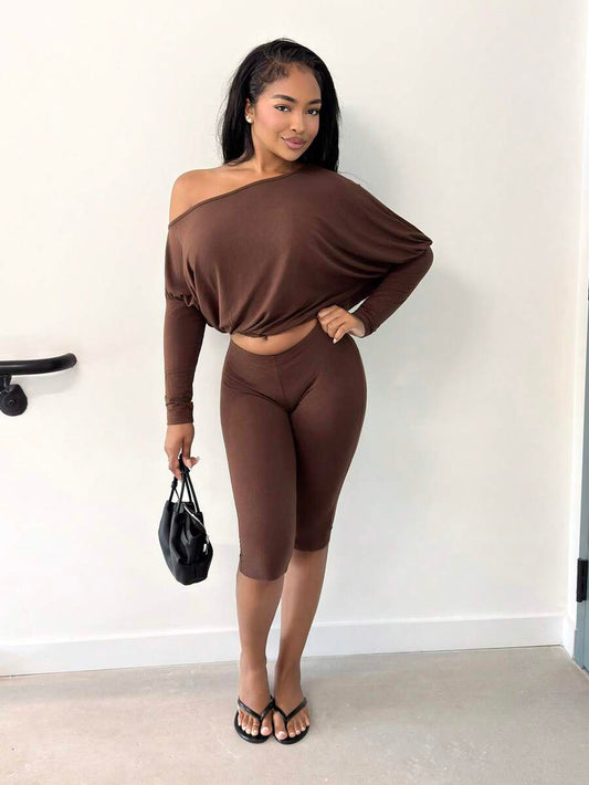Alexandranx – Ensemble top asymétrique à manches longues et pantalon cintré