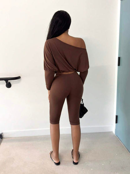 Alexandranx – Ensemble top asymétrique à manches longues et pantalon cintré