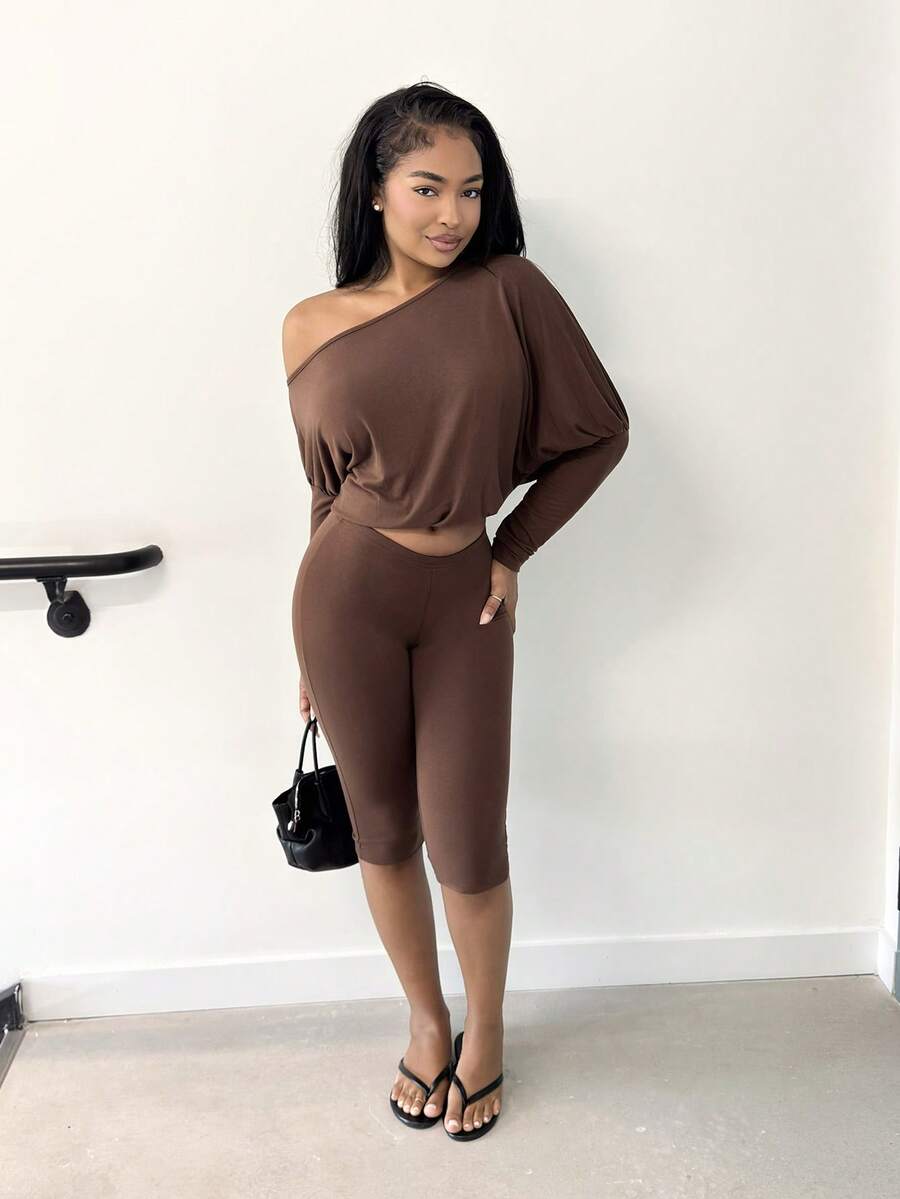 Alexandranx – Ensemble top asymétrique à manches longues et pantalon cintré