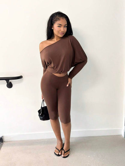 Alexandranx – Ensemble top asymétrique à manches longues et pantalon cintré