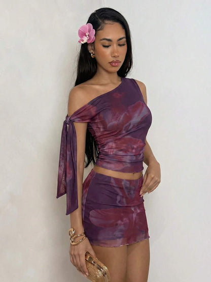 SHEIN – Ensemble swim 2 pièces à épaule asymétrique et jupe mini froncée
