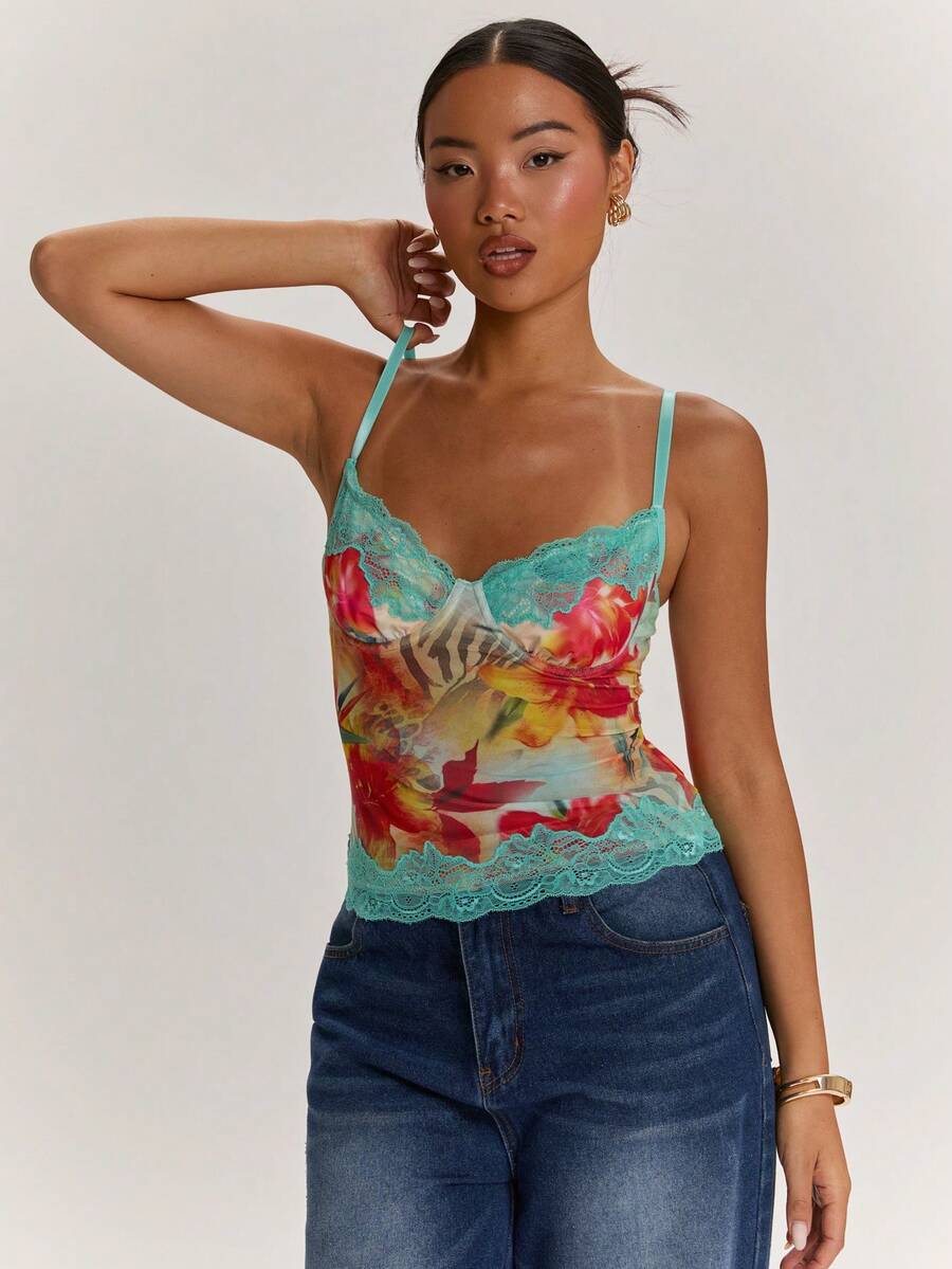 SHEIN BAE – Débardeur bustier à patchwork dentelle et imprimé léopard