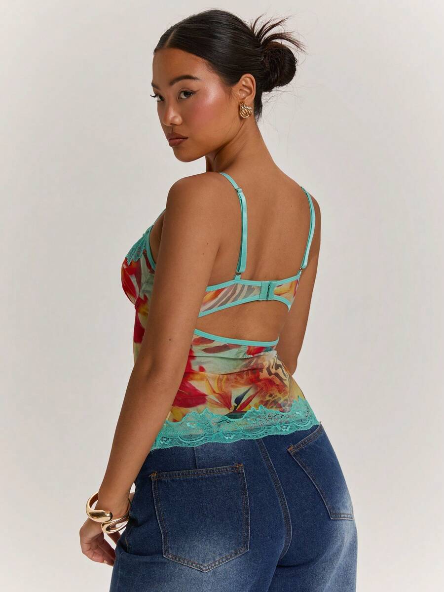 SHEIN BAE – Débardeur bustier à patchwork dentelle et imprimé léopard