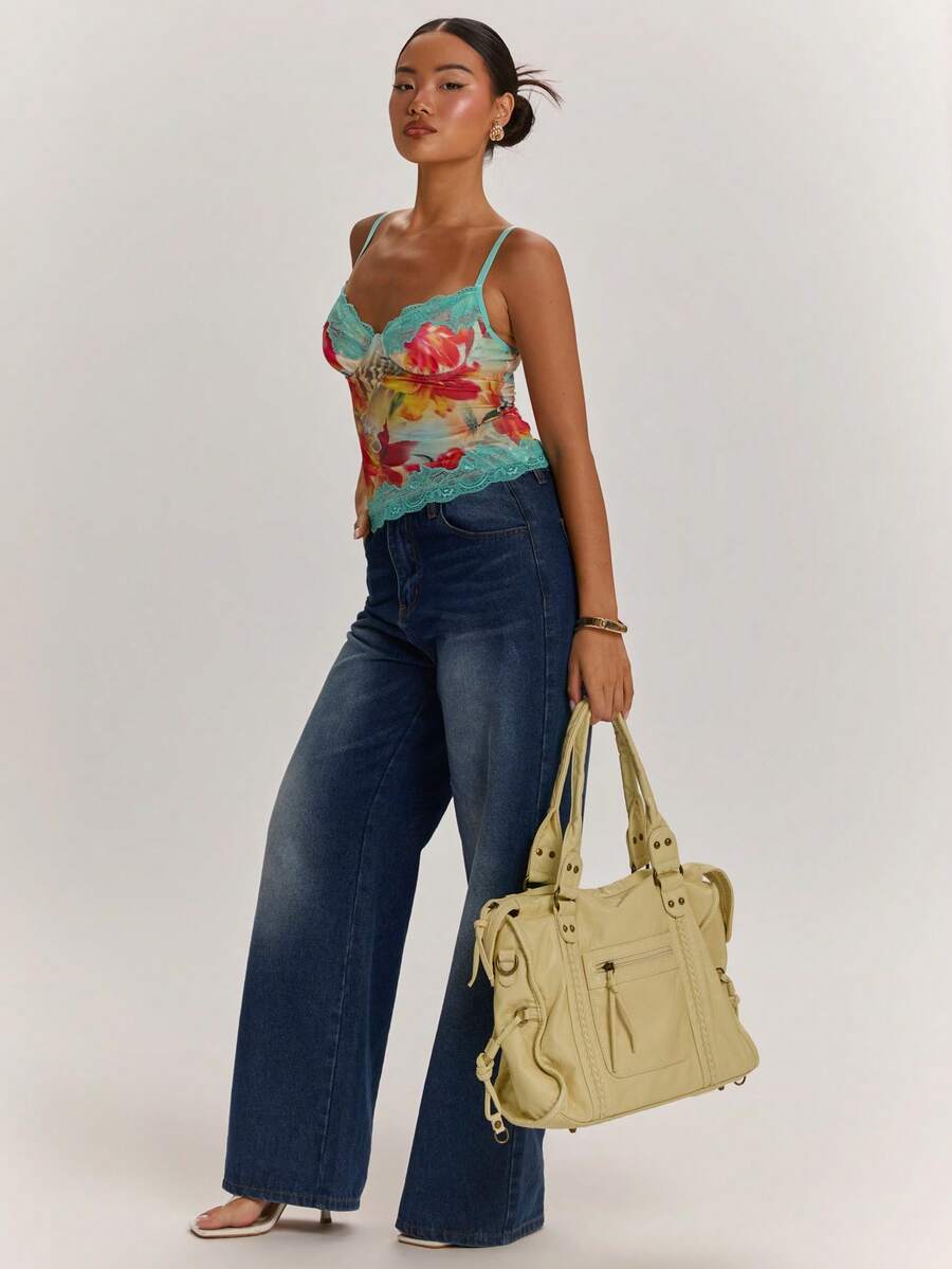 SHEIN BAE – Débardeur bustier à patchwork dentelle et imprimé léopard