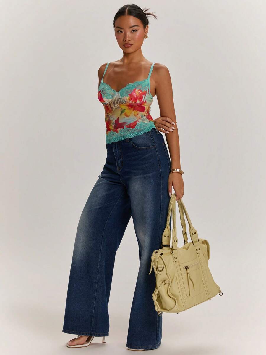 SHEIN BAE – Débardeur bustier à patchwork dentelle et imprimé léopard