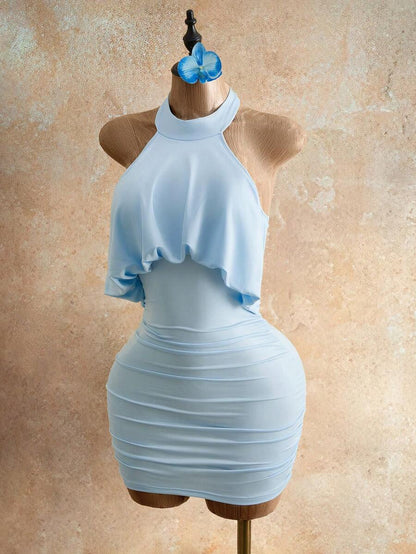 Sixtylia – Robe mini moulante à encolure ras-du-cou et dos nu drapé