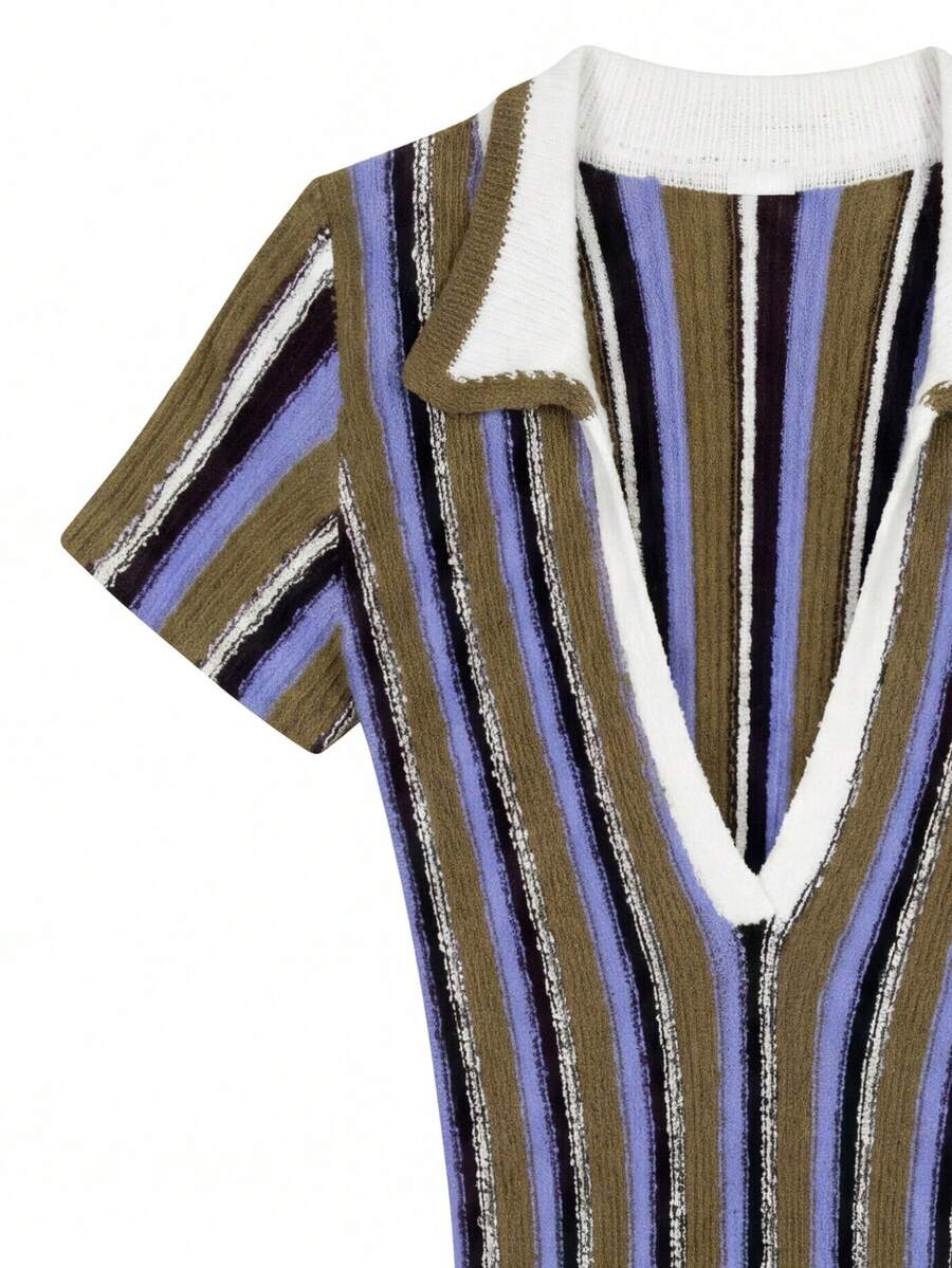 Saylia – Robe ajustée à col polo rayé vintage et col V