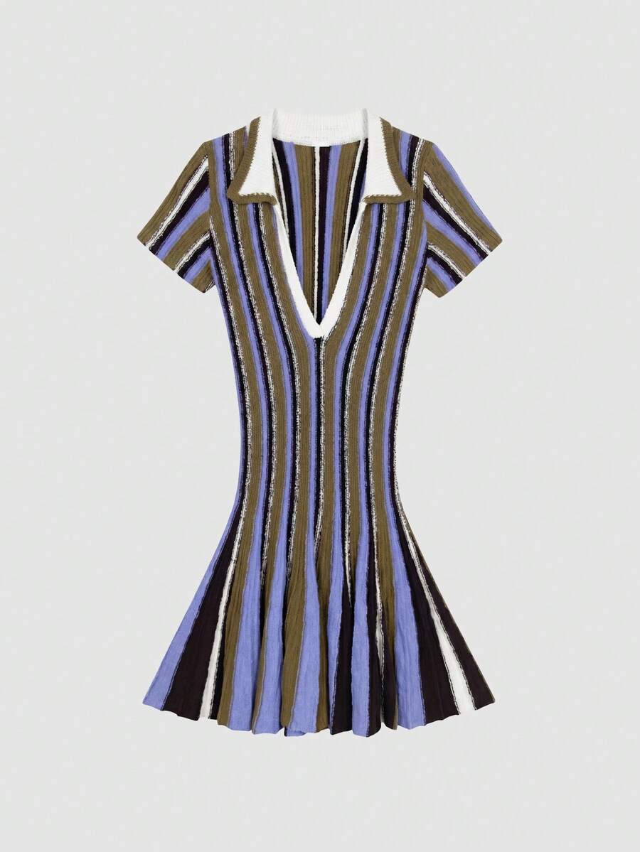 Saylia – Robe ajustée à col polo rayé vintage et col V