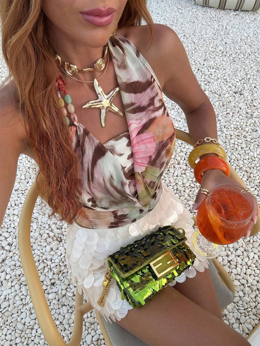 Firerie – Blouse sans manches en maille imprimée à perles