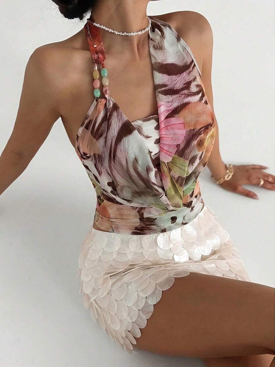 Firerie – Blouse sans manches en maille imprimée à perles