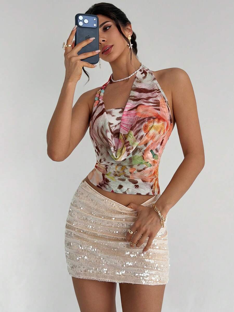 Firerie – Blouse sans manches en maille imprimée à perles