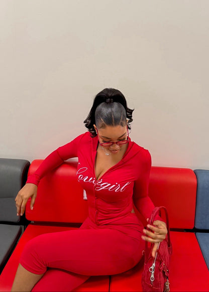 SUMWON WOMEN – Ensemble zip hoodie et leggings à imprimé script et coupe ajustée