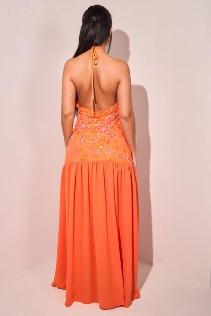 Sixtylia - Robe longue à perles et sequins orange
