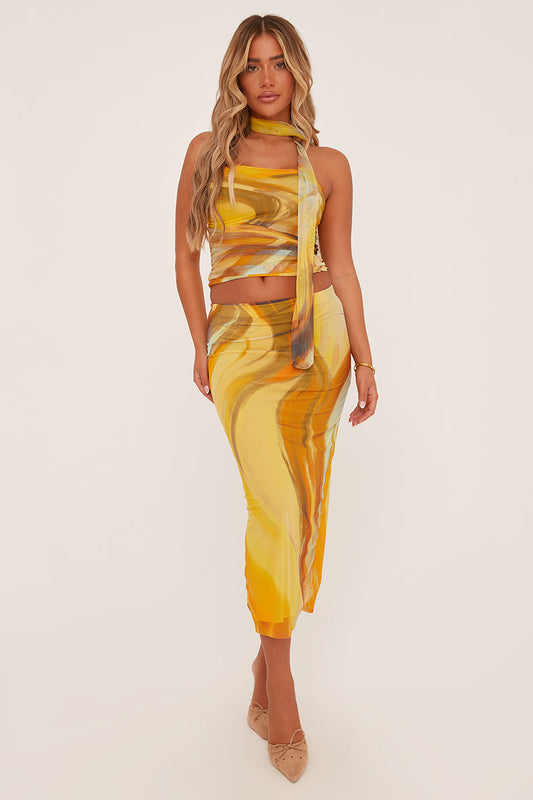 Sixtylia – Bandeau crop top et jupe midi en maille côtelée, coupe ajustée