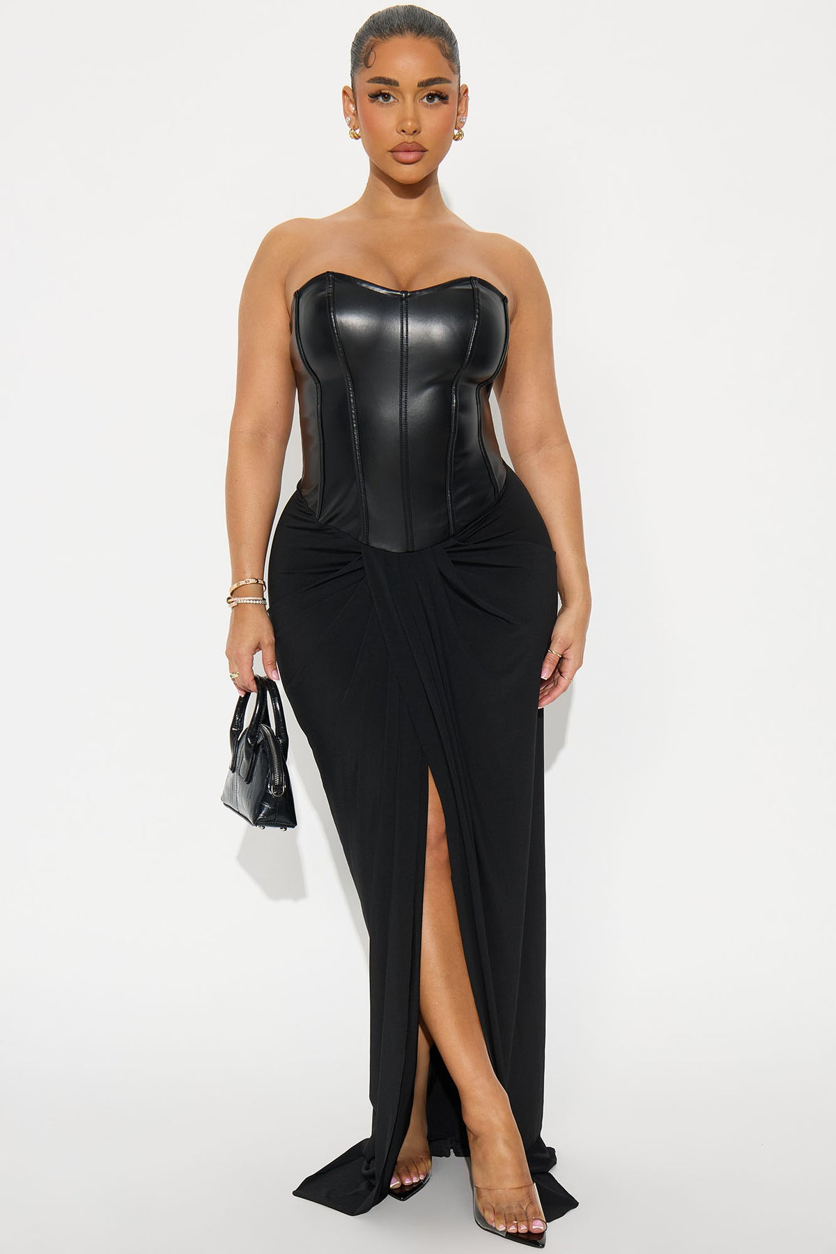 Bachina – Robe maxi en simili cuir à coupe droite et fermeture zippée